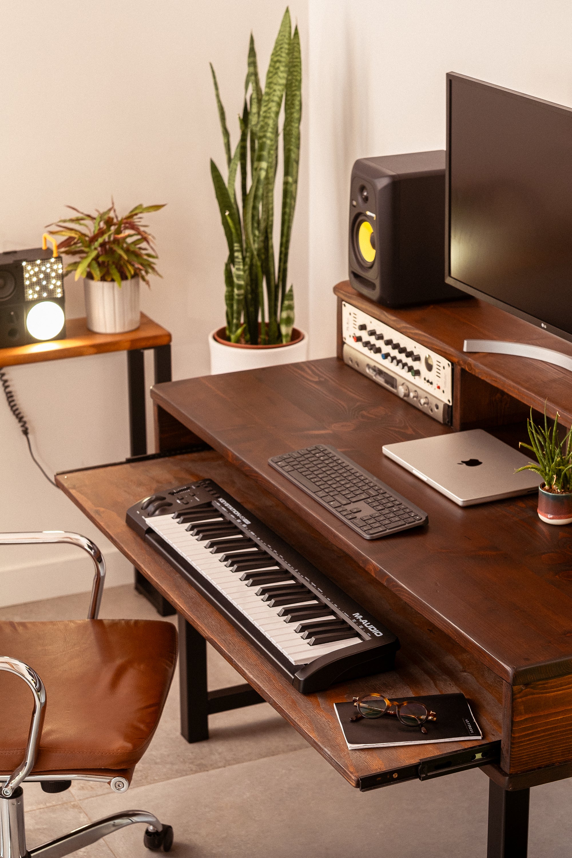 music production desk with monitor riser