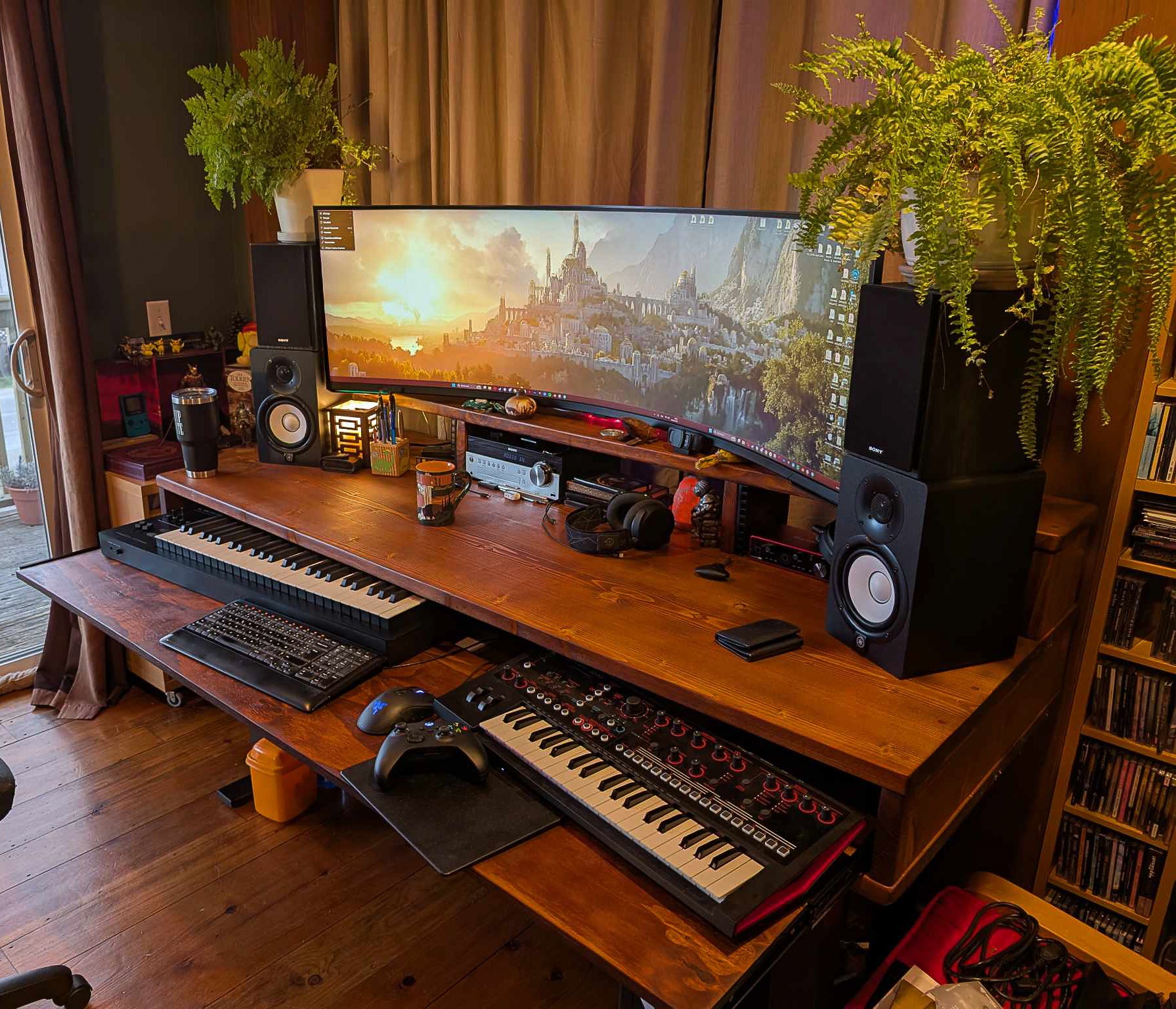 music production desk with monitor riser