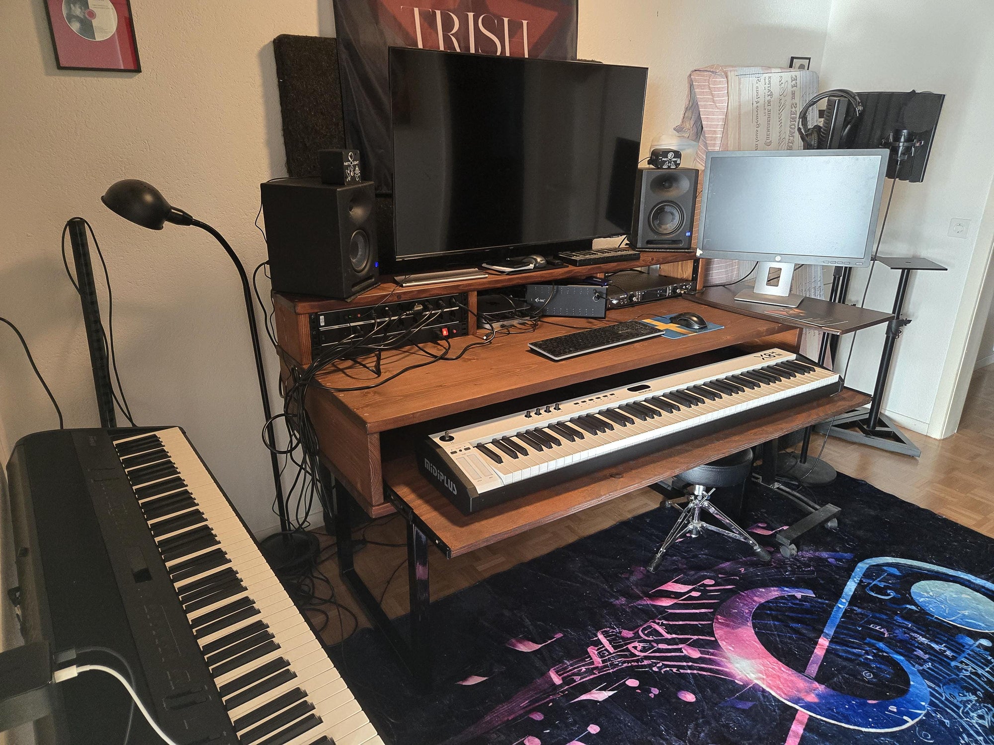 music production desk with monitor riser