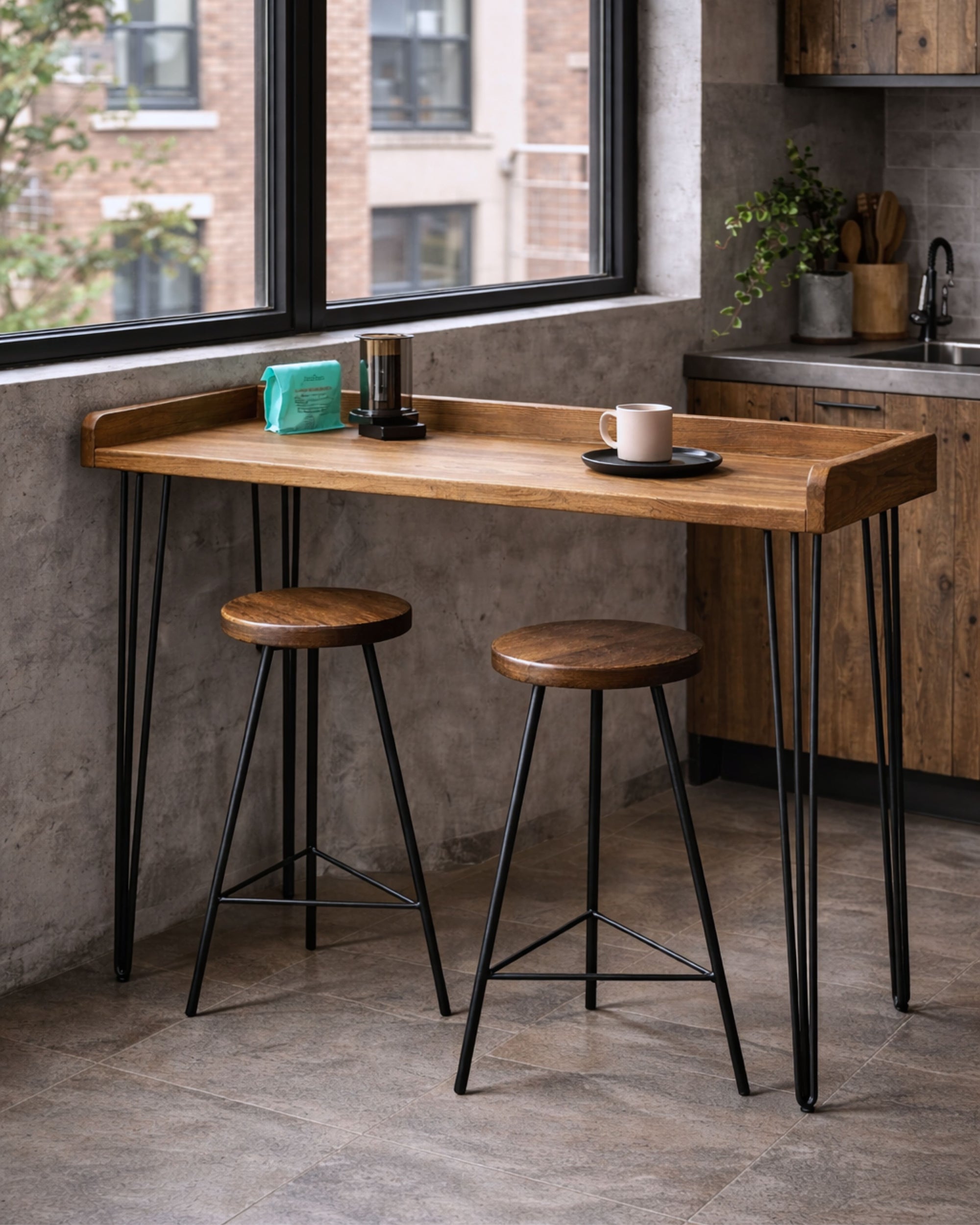 Wooden breakfast bar table with stools in a kitchen setting