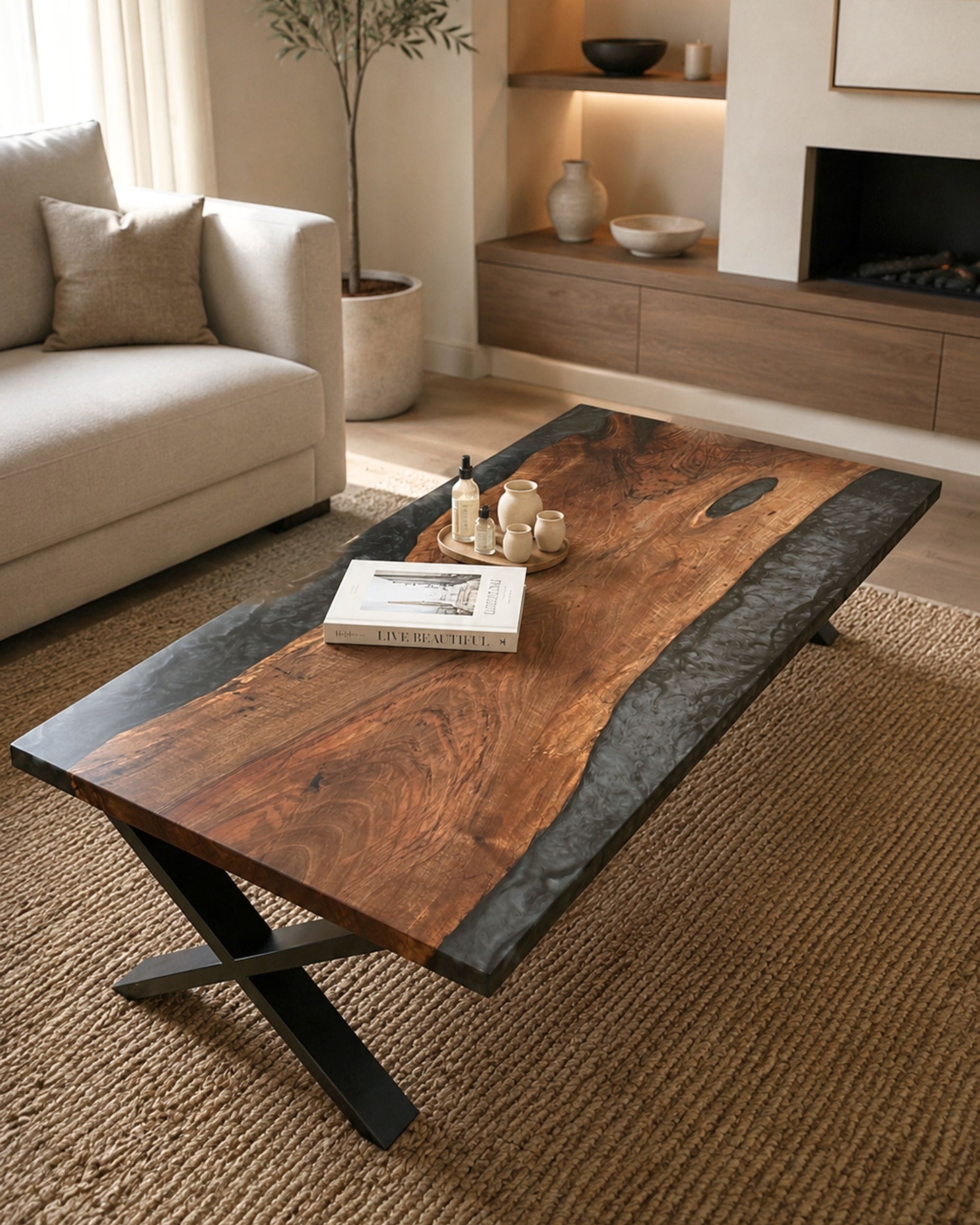 Large walnut statement coffee table with smoked black resin and matte black steel legs in a warm contemporary living room interior.