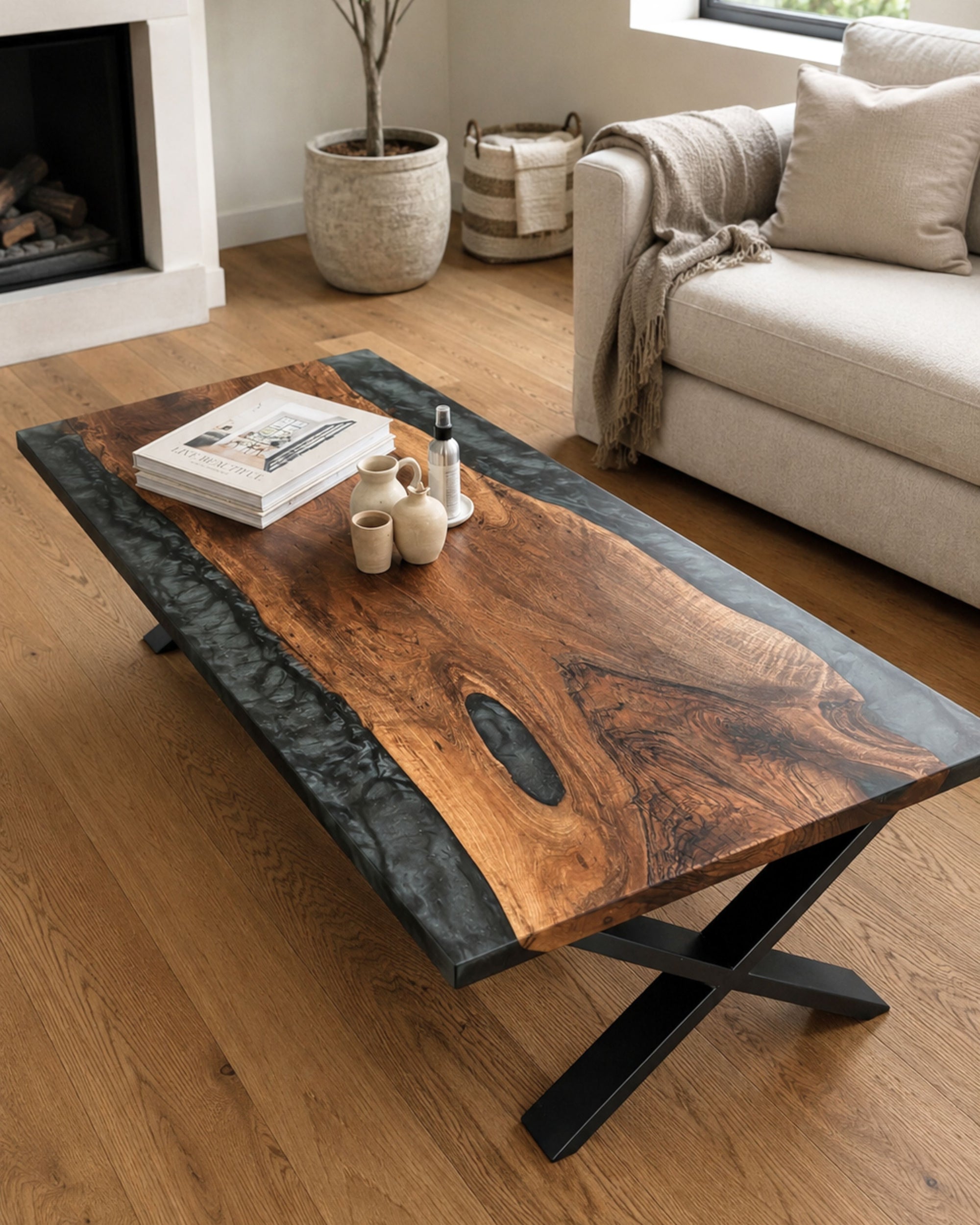 Large walnut statement coffee table with smoked black resin and matte black steel legs in a warm contemporary living room interior.