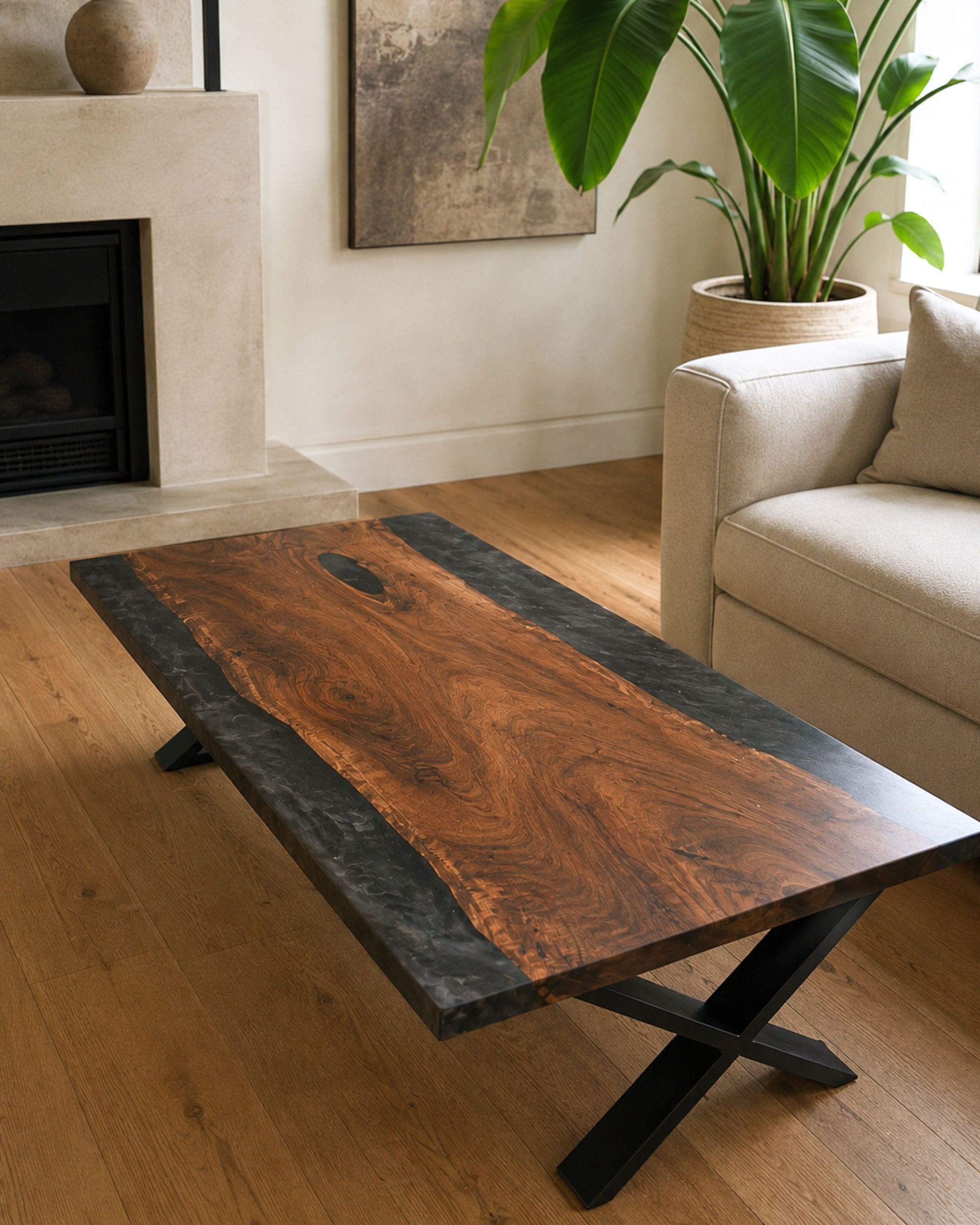 Large walnut statement coffee table with smoked black resin and matte black steel legs in a warm contemporary living room interior.